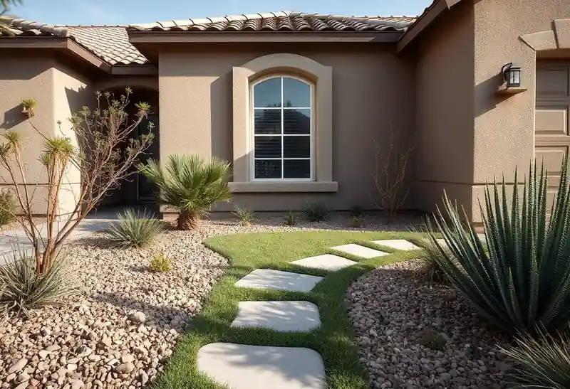 Illustration of front yard with drought-tolerant planting and a stone path in a 2003-era home