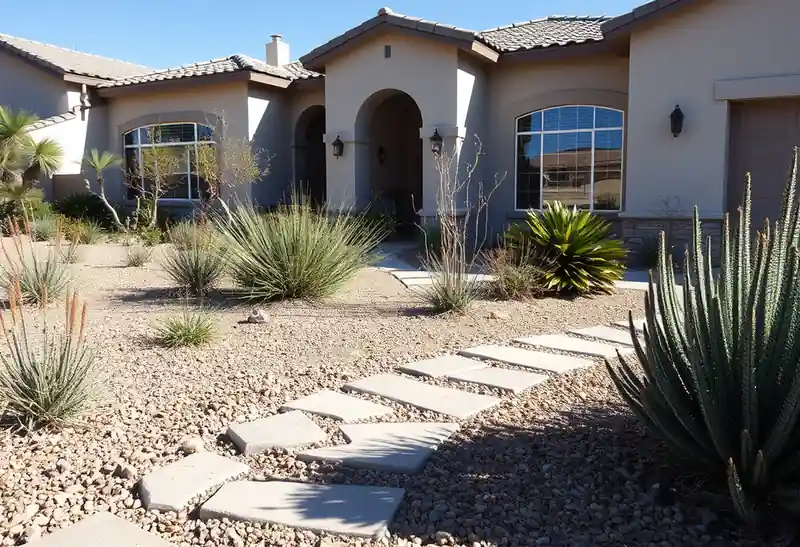 Illustration of front yard with drought-tolerant planting and a stone path in a 2003-era home