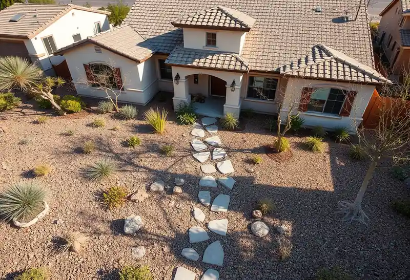 Illustration of front yard with drought-tolerant planting and a stone path in a 2003-era home
