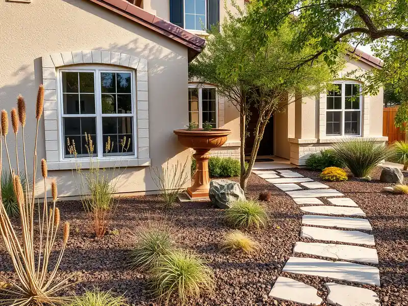 Illustration of close-up of materials and finishes of front yard with drought-tolerant planting and a stone path in a 2003-er