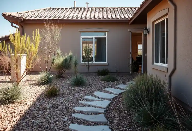 Illustration of front yard with drought-tolerant planting and a stone path in a 2003-era home