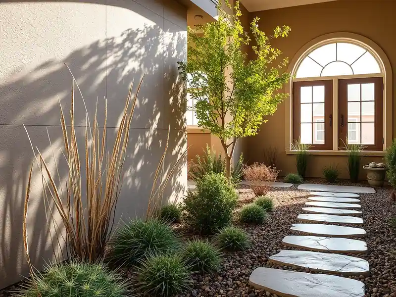 Illustration of close-up of materials and finishes of front yard with drought-tolerant planting and a stone path in a 2003-er