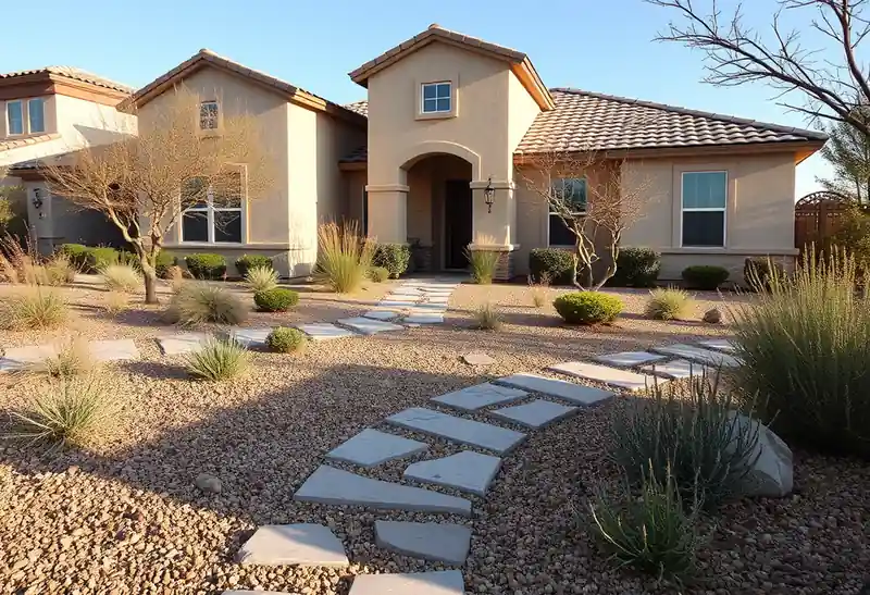 Illustration of front yard with drought-tolerant planting and a stone path in a 2003-era home