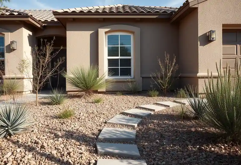 Illustration of front yard with drought-tolerant planting and a stone path in a 2003-era home