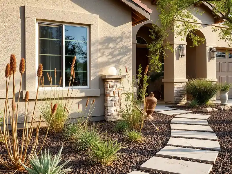 Illustration of close-up of materials and finishes of front yard with drought-tolerant planting and a stone path in a 2003-er