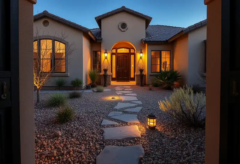 Illustration of front yard with drought-tolerant planting and a stone path in a 2003-era home