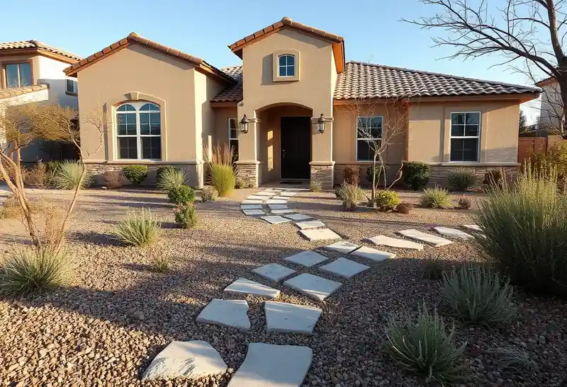 Illustration of front yard with drought-tolerant planting and a stone path in a 2003-era home