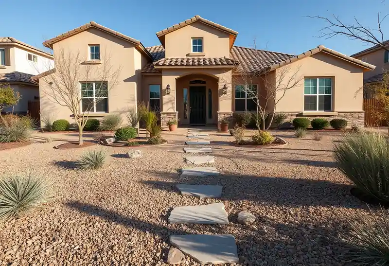 Illustration of front yard with drought-tolerant planting and a stone path in a 2003-era home