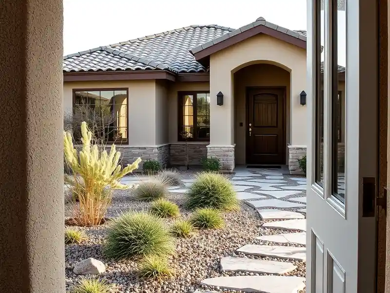 Illustration of close-up of materials and finishes of front yard with drought-tolerant planting and a stone path in a 2003-er