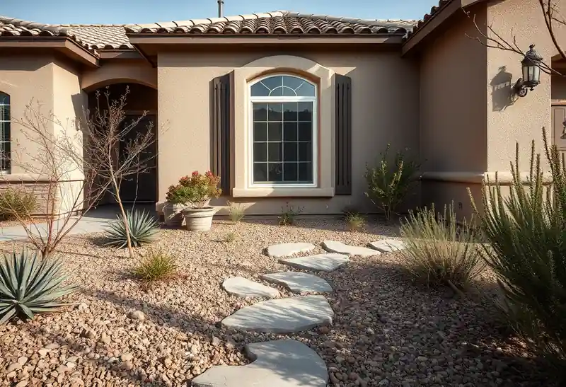 Illustration of front yard with drought-tolerant planting and a stone path in a 2003-era home