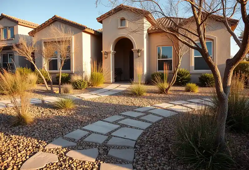 Illustration of front yard with drought-tolerant planting and a stone path in a 2003-era home