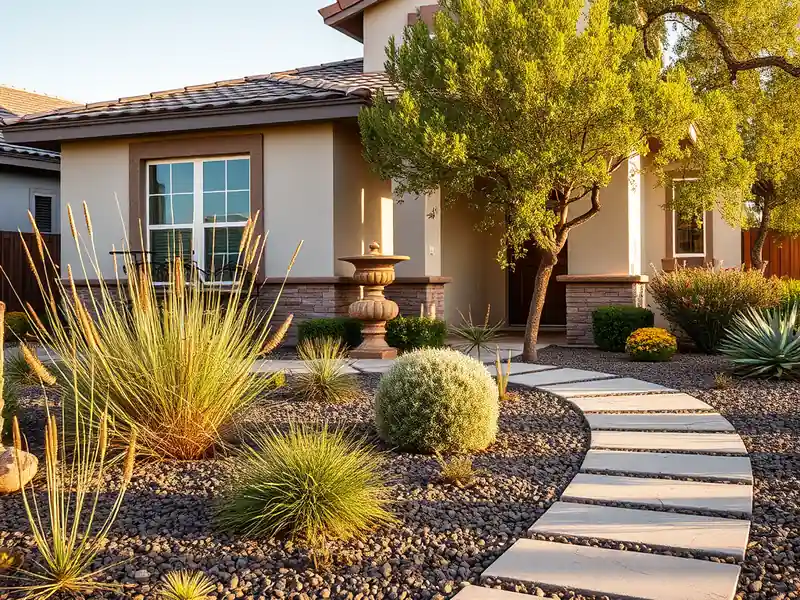 Illustration of close-up of materials and finishes of front yard with drought-tolerant planting and a stone path in a 2003-er