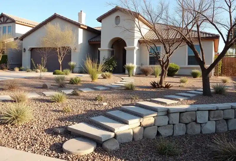 Illustration of front yard with drought-tolerant planting and a stone path in a 2003-era home
