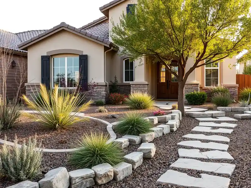 Illustration of close-up of materials and finishes of front yard with drought-tolerant planting and a stone path in a 2003-er