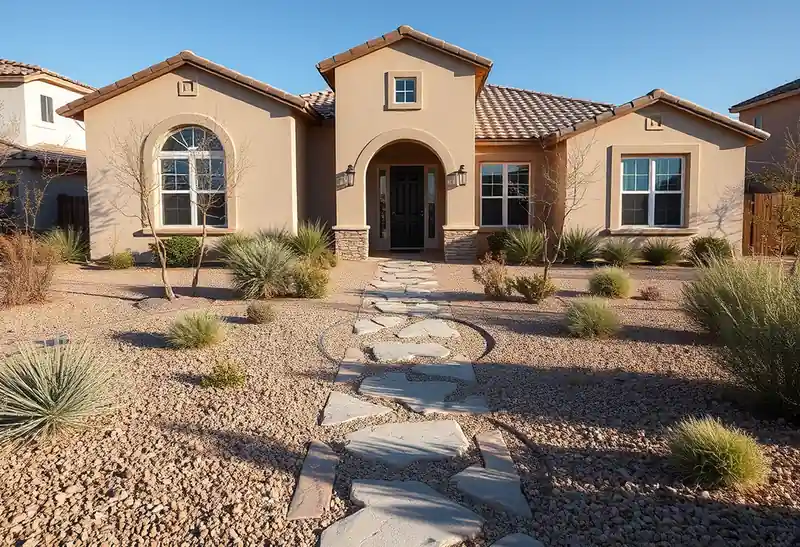 Illustration of front yard with drought-tolerant planting and a stone path in a 2003-era home