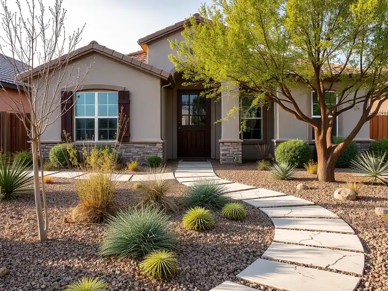 Illustration of close-up of materials and finishes of front yard with drought-tolerant planting and a stone path in a 2003-er